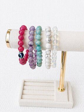 Set of 5 Gemstone Bracelets: Chevron Amethyst Howlite Plus More